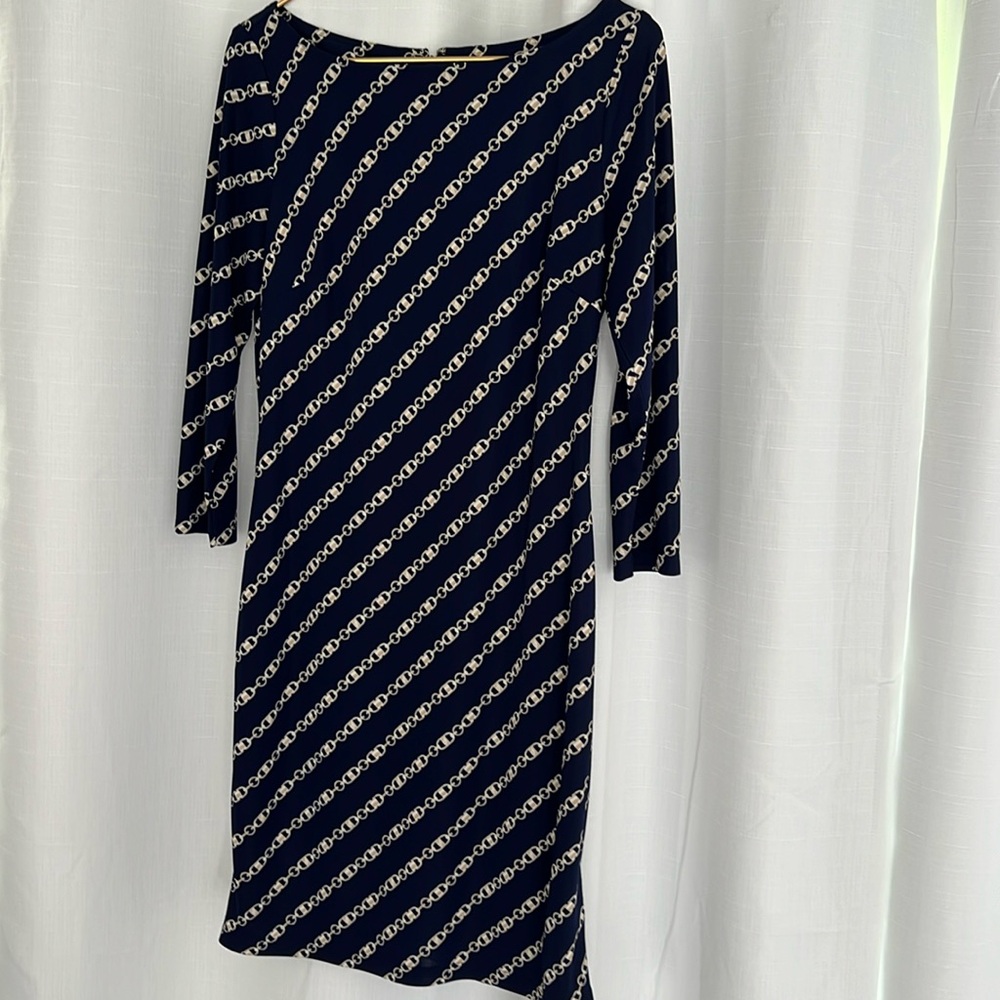 Timeless Lauren Ralph Lauren dress;navy w/chain pattern 3/4 sleeves;back zipper.